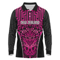 Custom Basketball New Zealand Long Sleeve Polo Shirt Pink Maori Ta Moko Indigenous - Aussie Hoodie