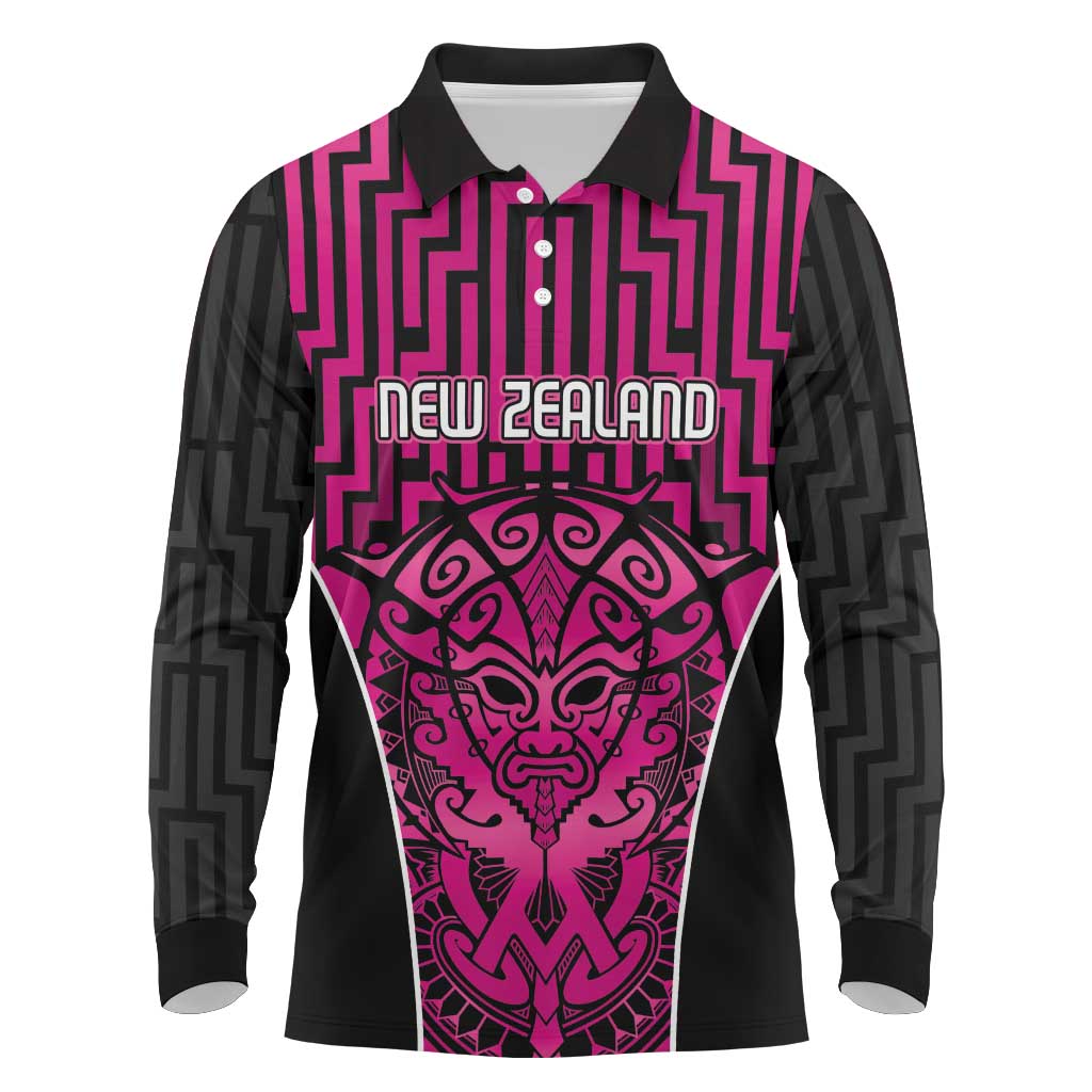 Custom Basketball New Zealand Long Sleeve Polo Shirt Pink Maori Ta Moko Indigenous - Aussie Hoodie