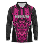 Custom Basketball New Zealand Long Sleeve Polo Shirt Pink Maori Ta Moko Indigenous - Aussie Hoodie