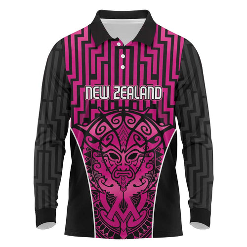 Custom Basketball New Zealand Long Sleeve Polo Shirt Pink Maori Ta Moko Indigenous - Aussie Hoodie
