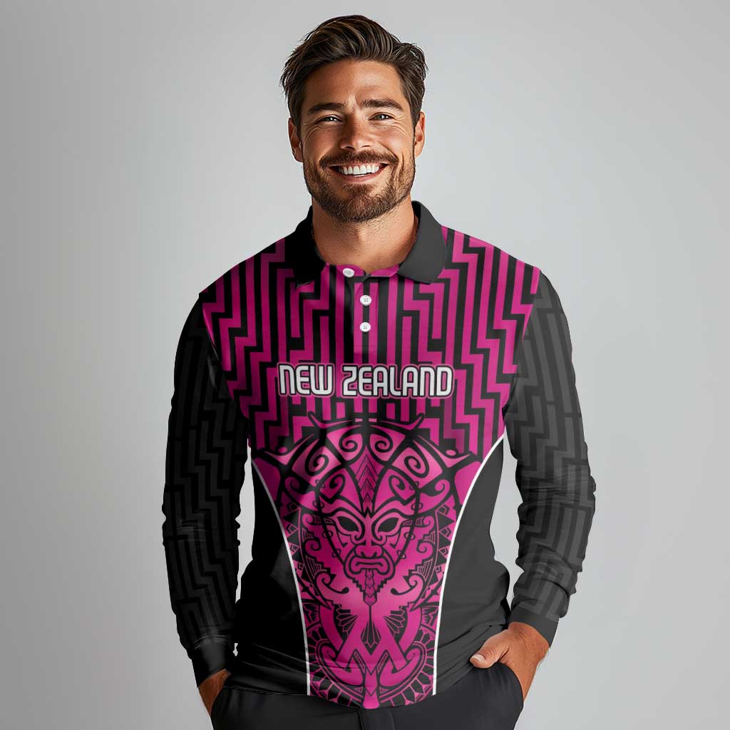 Custom Basketball New Zealand Long Sleeve Polo Shirt Pink Maori Ta Moko Indigenous - Aussie Hoodie