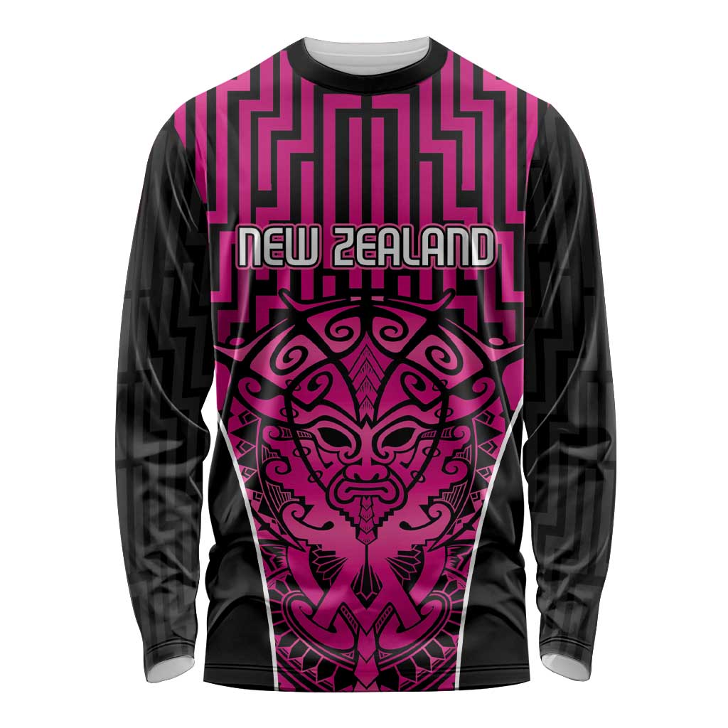 Custom Basketball New Zealand Long Sleeve Shirt Pink Maori Ta Moko Indigenous - Aussie Hoodie