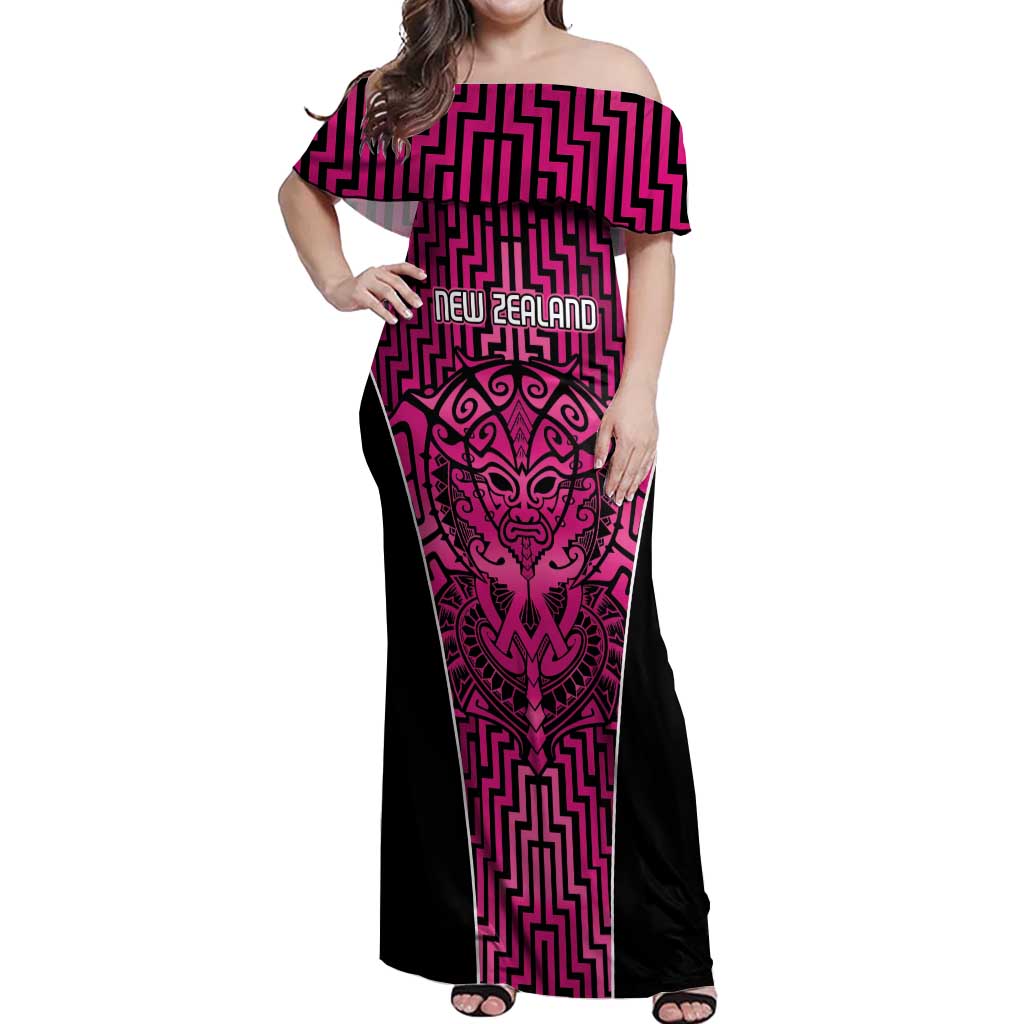 Custom Basketball New Zealand Off Shoulder Maxi Dress Pink Maori Ta Moko Indigenous - Aussie Hoodie