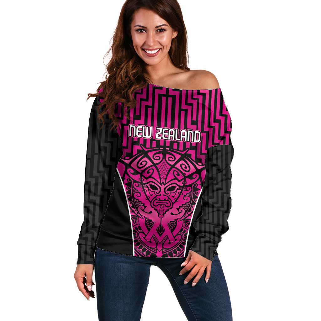 Custom Basketball New Zealand Off Shoulder Sweater Pink Maori Ta Moko Indigenous - Aussie Hoodie
