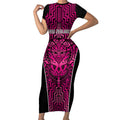Custom Basketball New Zealand Short Sleeve Bodycon Dress Pink Maori Ta Moko Indigenous - Aussie Hoodie