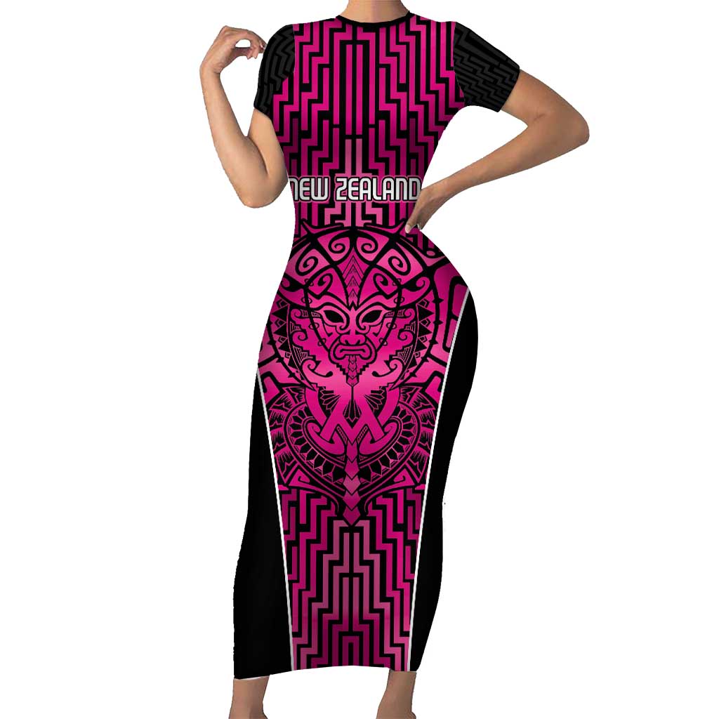 Custom Basketball New Zealand Short Sleeve Bodycon Dress Pink Maori Ta Moko Indigenous - Aussie Hoodie