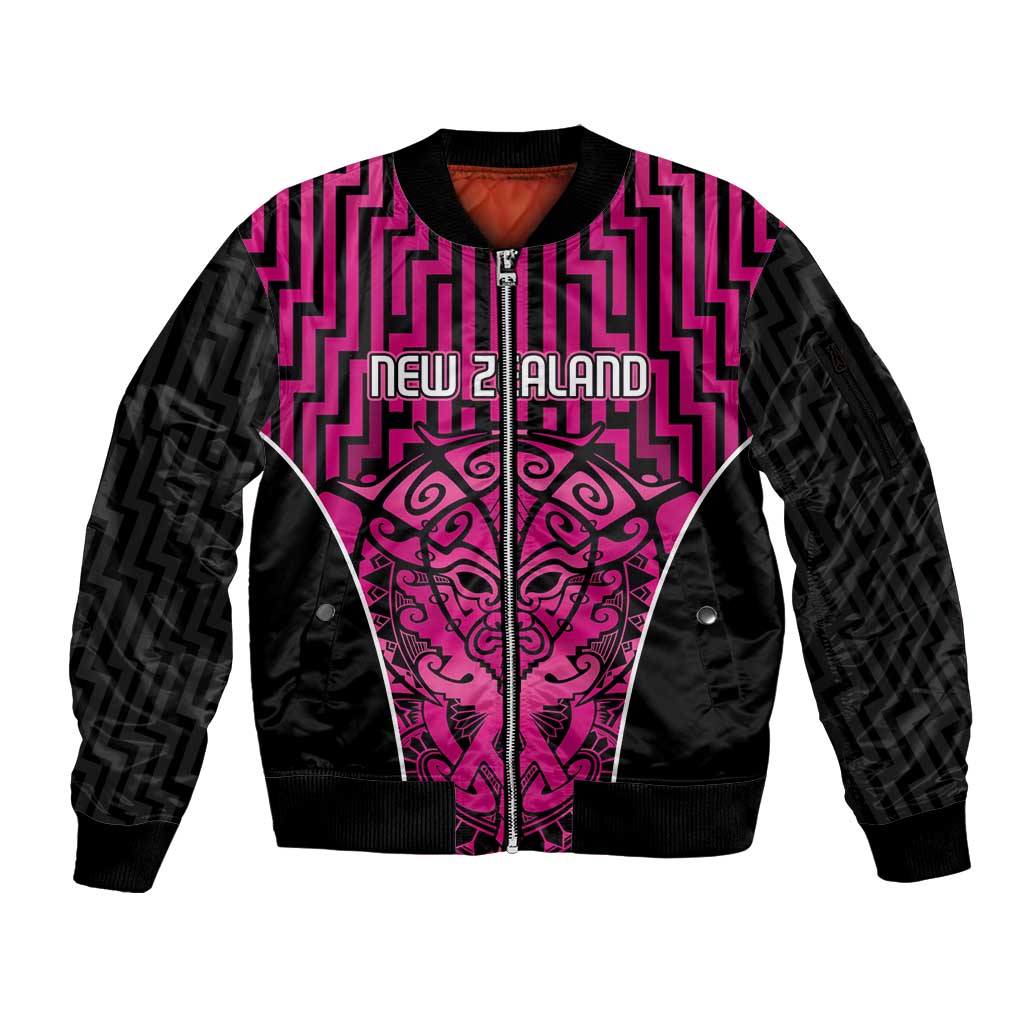 Custom Basketball New Zealand Sleeve Zip Bomber Jacket Pink Maori Ta Moko Indigenous - Aussie Hoodie