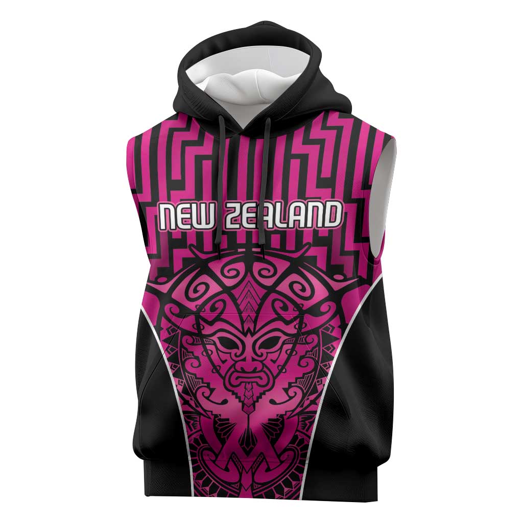 Custom Basketball New Zealand Sleeveless Hoodie Pink Maori Ta Moko Indigenous - Aussie Hoodie