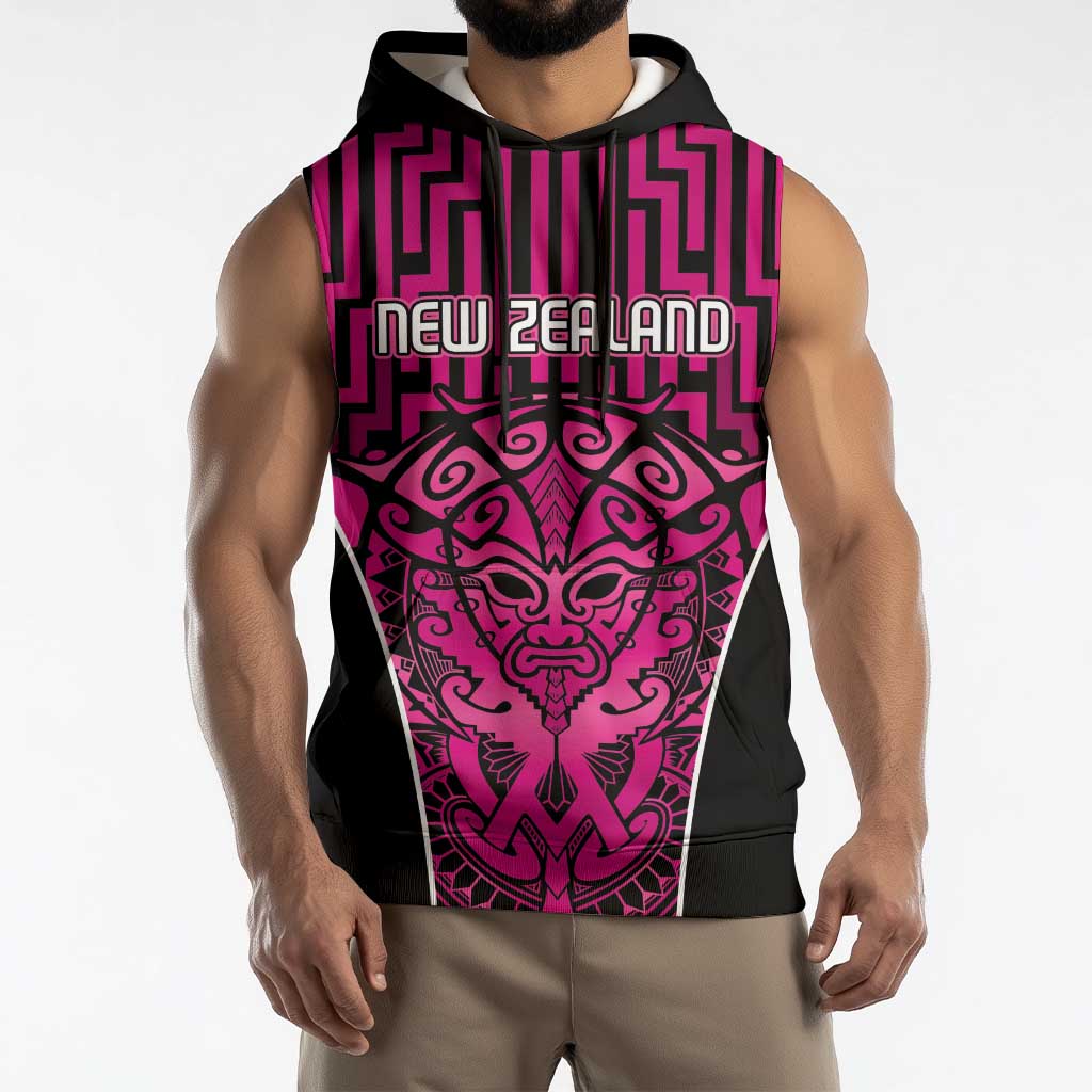 Custom Basketball New Zealand Sleeveless Hoodie Pink Maori Ta Moko Indigenous - Aussie Hoodie