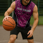 Custom Basketball New Zealand Sleeveless Hoodie Pink Maori Ta Moko Indigenous - Aussie Hoodie
