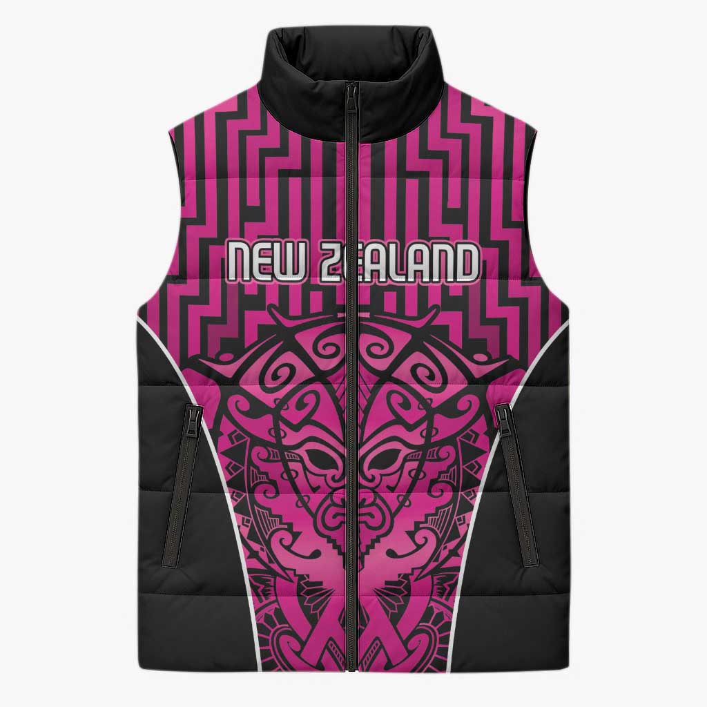 Custom Basketball New Zealand Sleeveless Puffer Jacket Pink Maori Ta Moko Indigenous - Aussie Hoodie