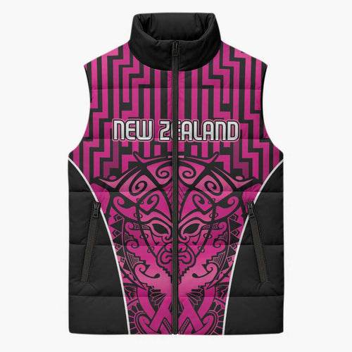 Custom Basketball New Zealand Sleeveless Puffer Jacket Pink Maori Ta Moko Indigenous - Aussie Hoodie