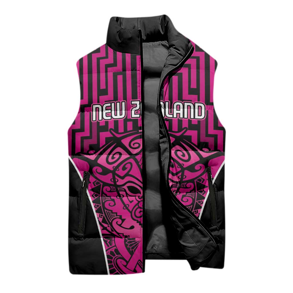 Custom Basketball New Zealand Sleeveless Puffer Jacket Pink Maori Ta Moko Indigenous - Aussie Hoodie