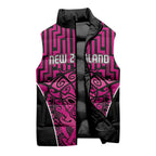 Custom Basketball New Zealand Sleeveless Puffer Jacket Pink Maori Ta Moko Indigenous - Aussie Hoodie