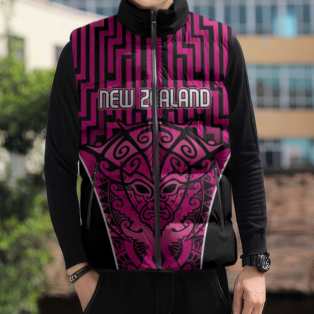 Custom Basketball New Zealand Sleeveless Puffer Jacket Pink Maori Ta Moko Indigenous - Aussie Hoodie