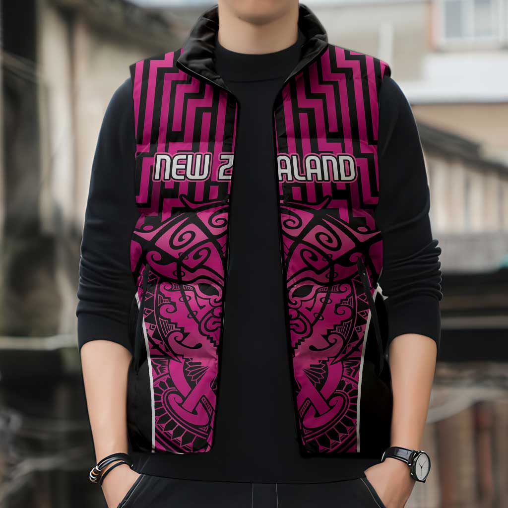 Custom Basketball New Zealand Sleeveless Puffer Jacket Pink Maori Ta Moko Indigenous - Aussie Hoodie