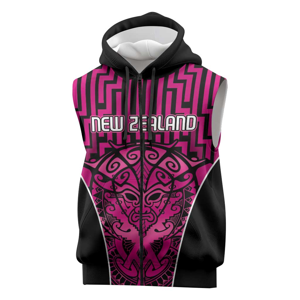 Custom Basketball New Zealand Sleeveless Zip Hoodie Pink Maori Ta Moko Indigenous LT9