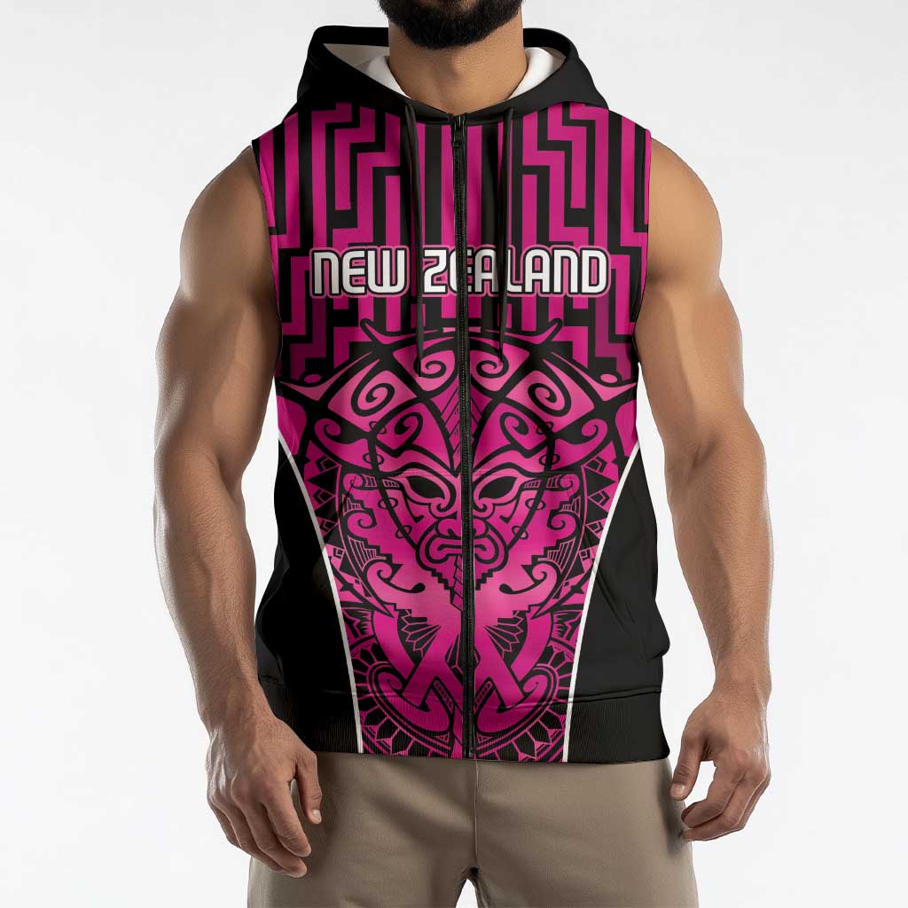 Custom Basketball New Zealand Sleeveless Zip Hoodie Pink Maori Ta Moko Indigenous LT9