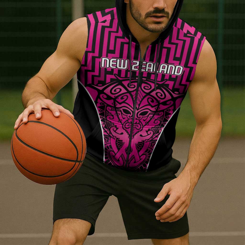 Custom Basketball New Zealand Sleeveless Zip Hoodie Pink Maori Ta Moko Indigenous LT9