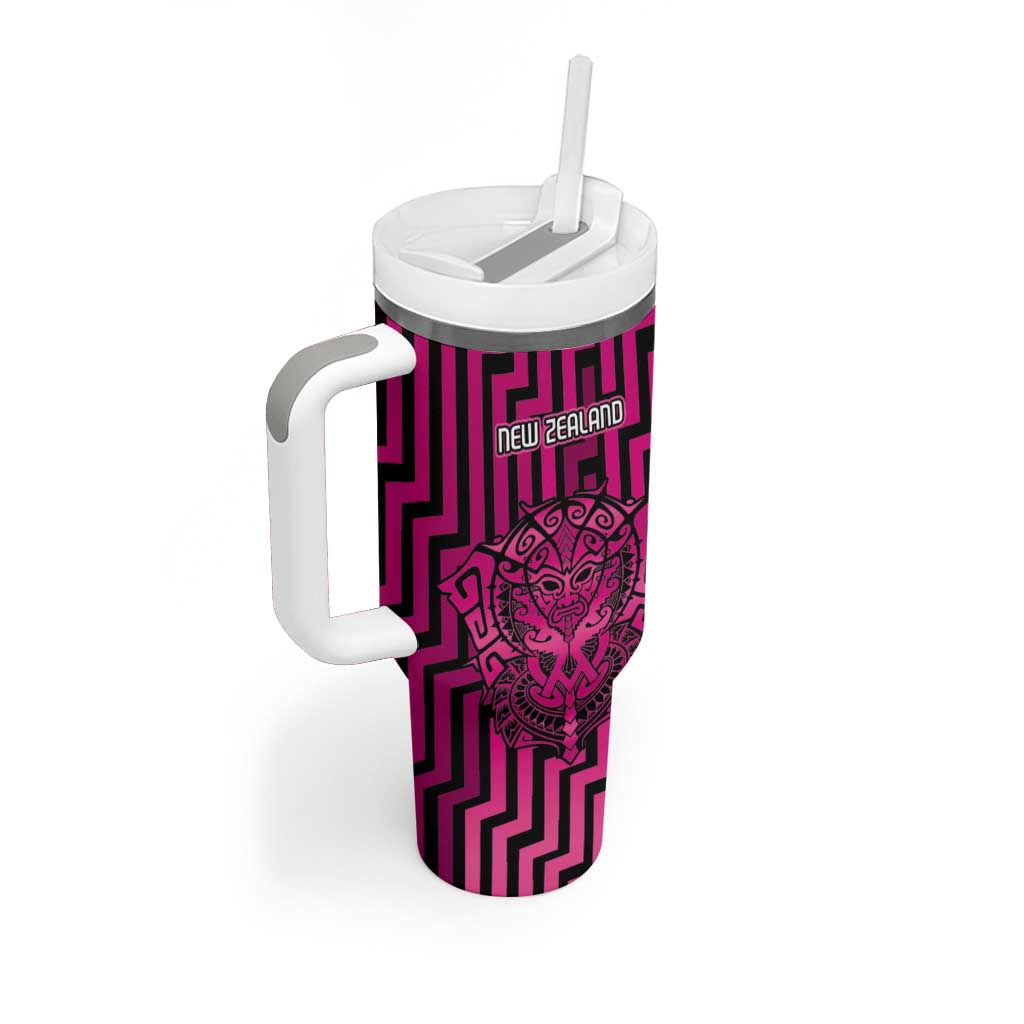 Custom Basketball New Zealand Tumbler With Handle Pink Maori Ta Moko Indigenous - Aussie Hoodie