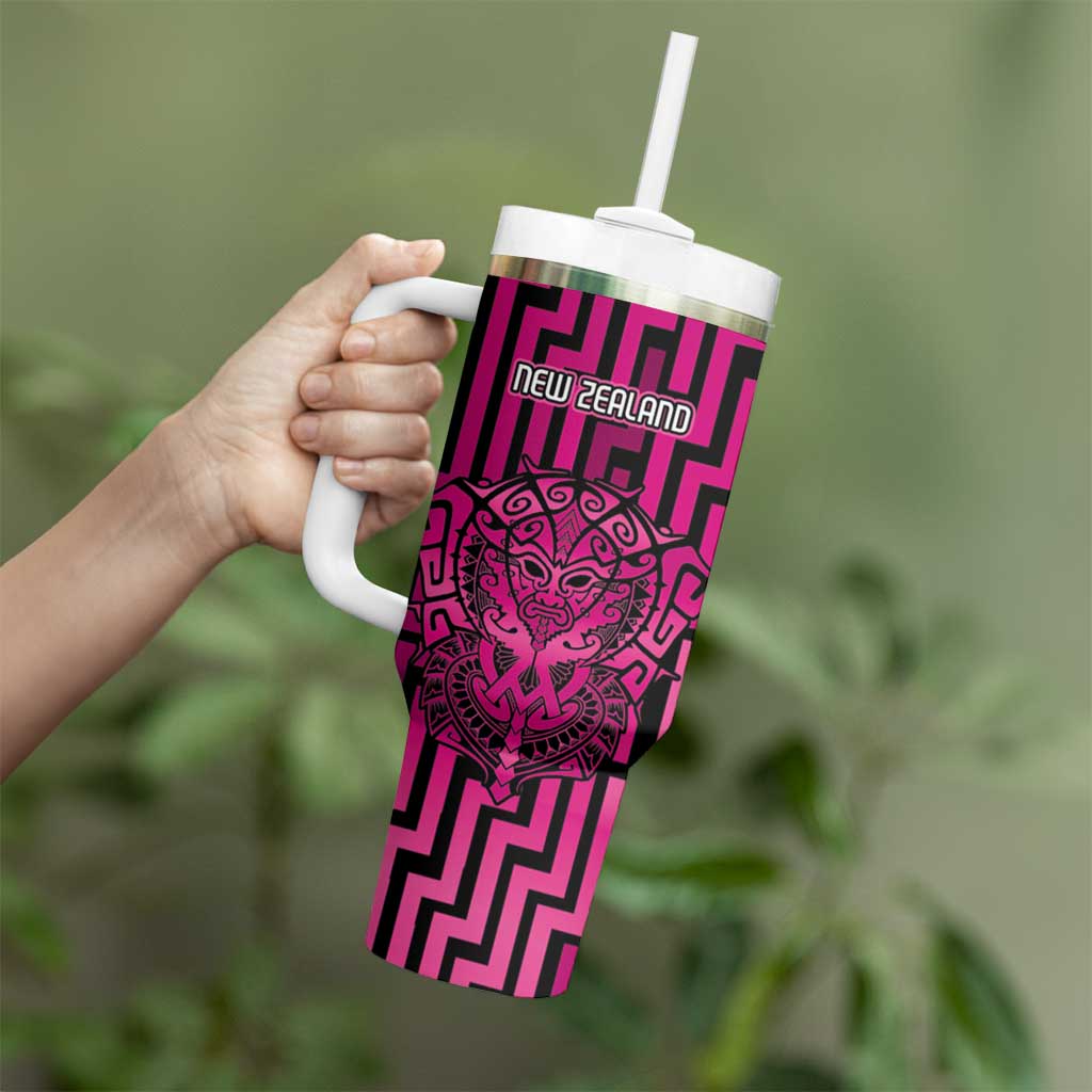Custom Basketball New Zealand Tumbler With Handle Pink Maori Ta Moko Indigenous - Aussie Hoodie