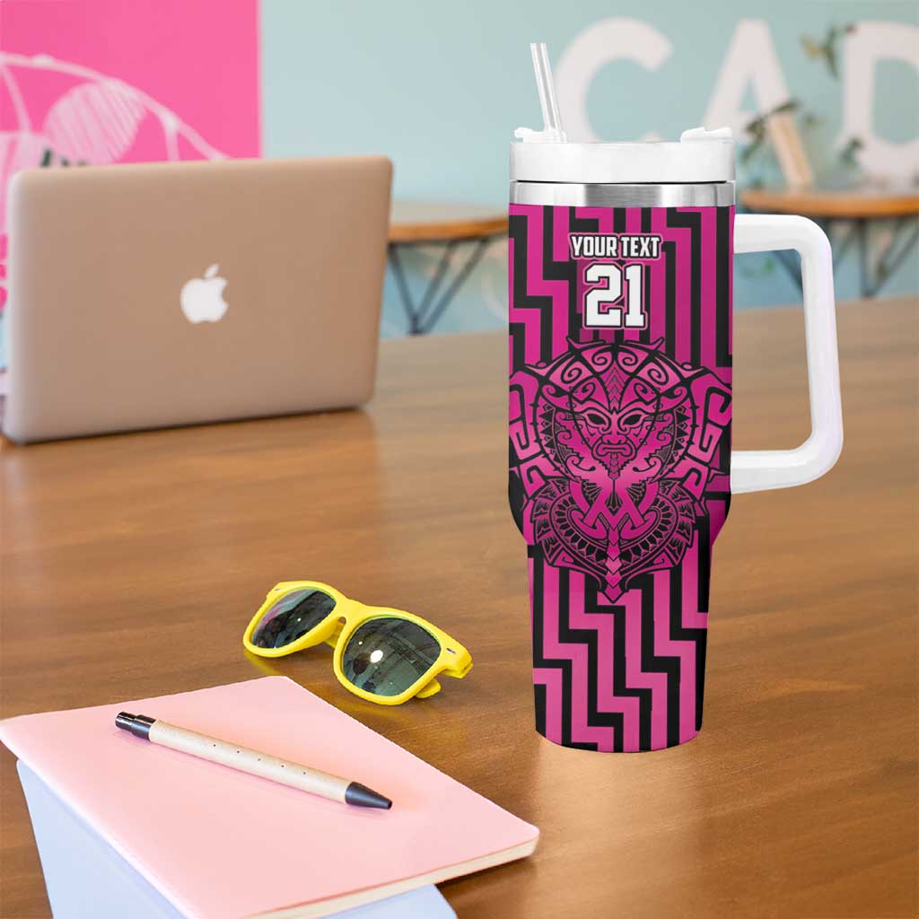 Custom Basketball New Zealand Tumbler With Handle Pink Maori Ta Moko Indigenous - Aussie Hoodie