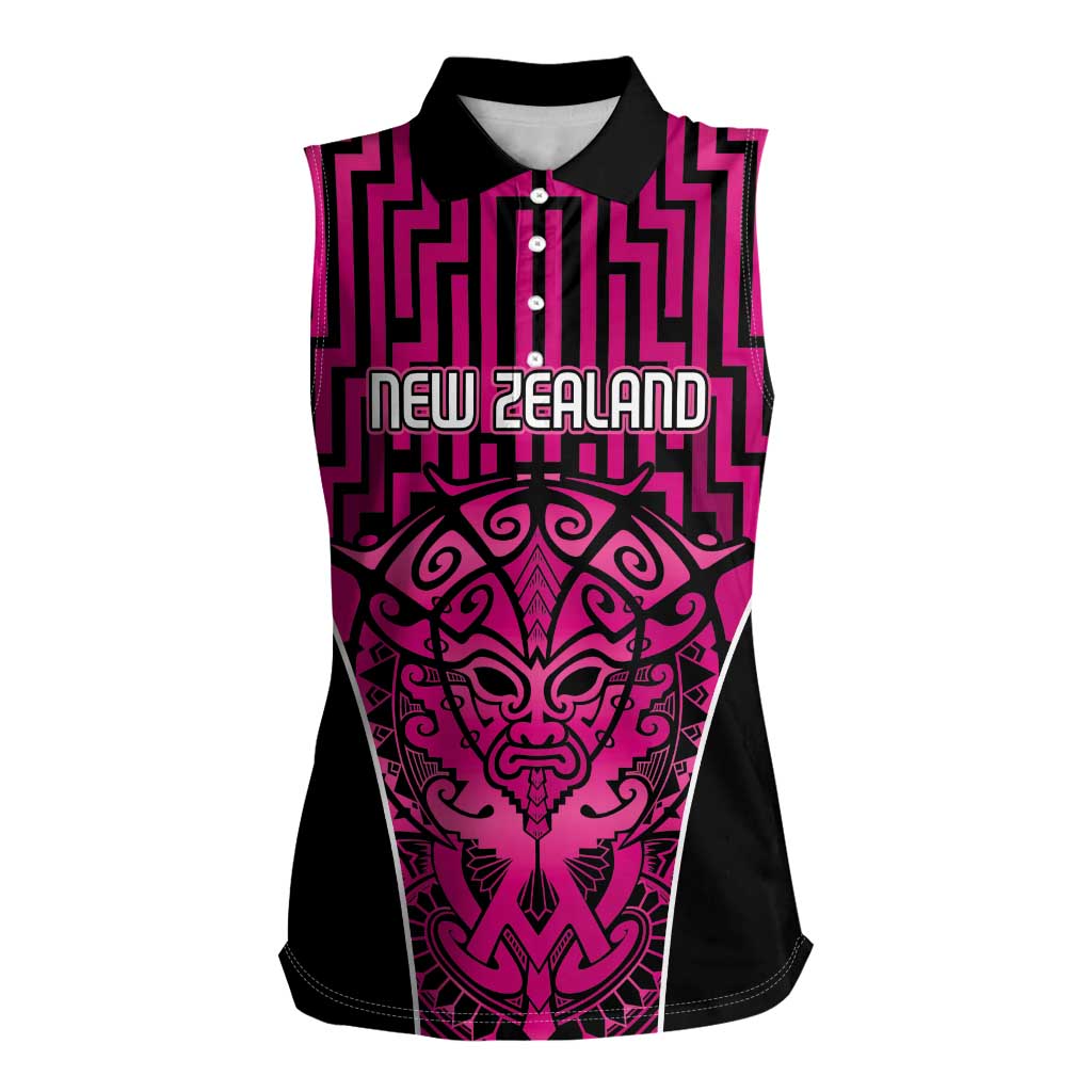Custom Basketball New Zealand Women Sleeveless Polo Shirt Pink Maori Ta Moko Indigenous - Aussie Hoodie