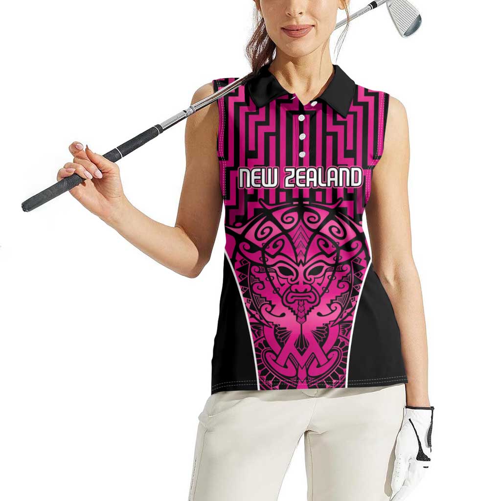 Custom Basketball New Zealand Women Sleeveless Polo Shirt Pink Maori Ta Moko Indigenous - Aussie Hoodie