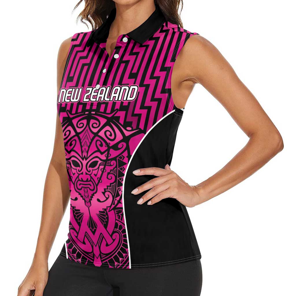 Custom Basketball New Zealand Women Sleeveless Polo Shirt Pink Maori Ta Moko Indigenous - Aussie Hoodie