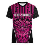 Custom Basketball New Zealand Women V-Neck T-Shirt Pink Maori Ta Moko Indigenous - Aussie Hoodie
