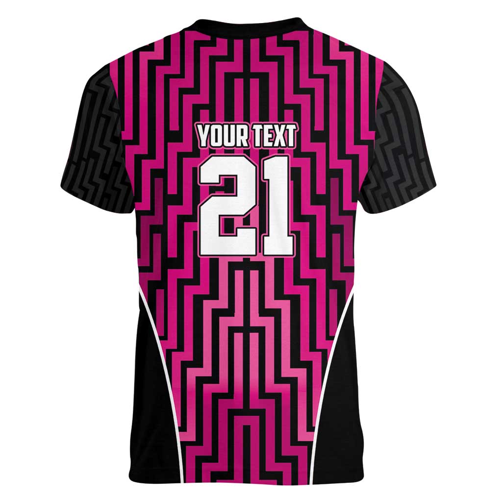 Custom Basketball New Zealand Women V-Neck T-Shirt Pink Maori Ta Moko Indigenous - Aussie Hoodie