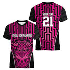 Custom Basketball New Zealand Women V-Neck T-Shirt Pink Maori Ta Moko Indigenous - Aussie Hoodie