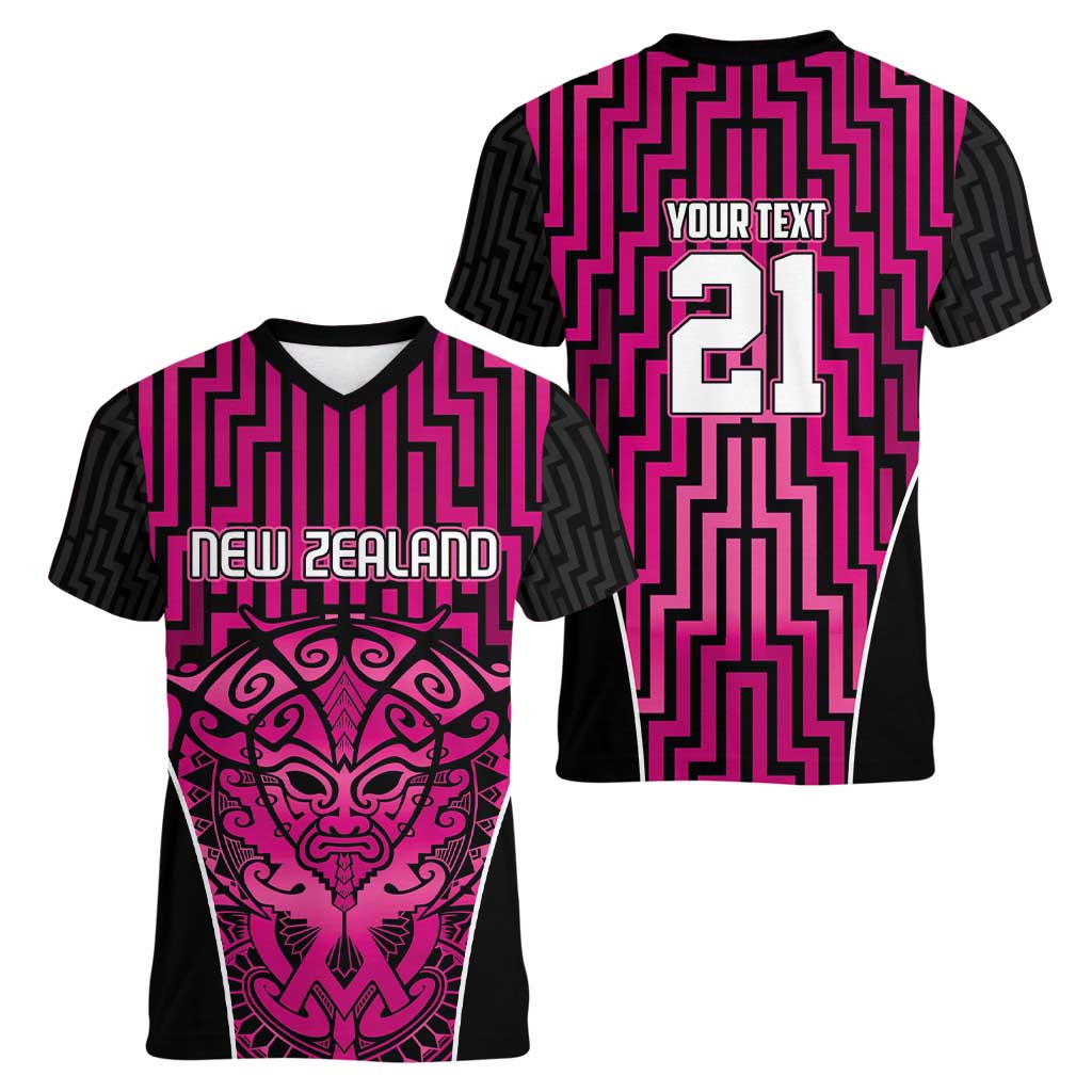 Custom Basketball New Zealand Women V-Neck T-Shirt Pink Maori Ta Moko Indigenous - Aussie Hoodie
