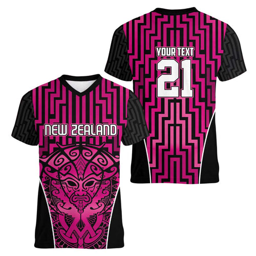 Custom Basketball New Zealand Women V-Neck T-Shirt Pink Maori Ta Moko Indigenous - Aussie Hoodie
