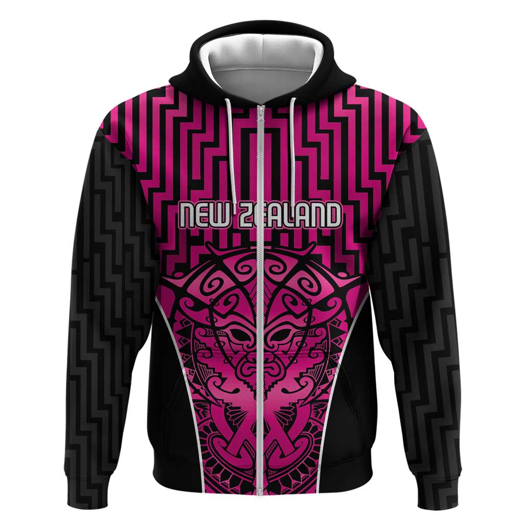 Custom Basketball New Zealand Zip Hoodie Pink Maori Ta Moko Indigenous - Aussie Hoodie