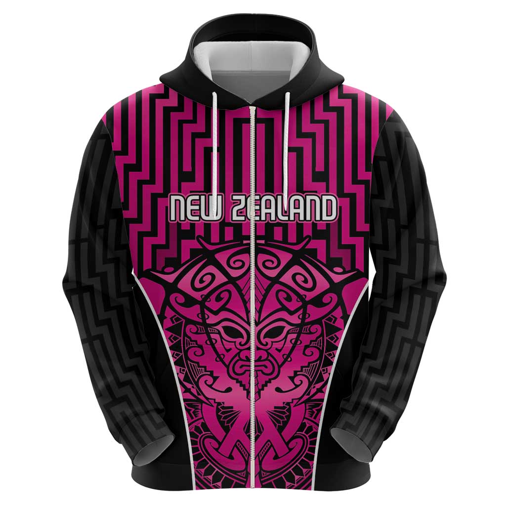 Custom Basketball New Zealand Zip Hoodie Pink Maori Ta Moko Indigenous - Aussie Hoodie