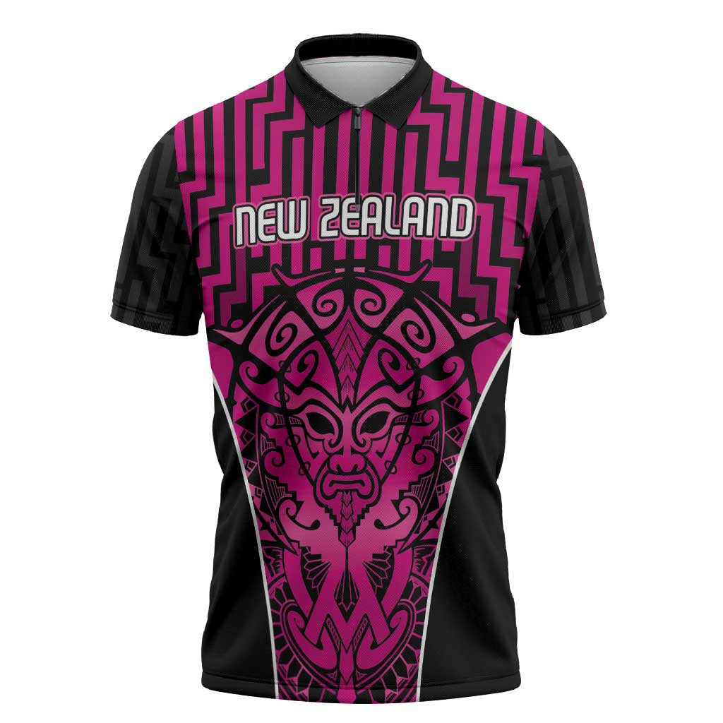 Custom Basketball New Zealand Zipper Polo Shirt Pink Maori Ta Moko Indigenous - Aussie Hoodie
