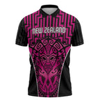 Custom Basketball New Zealand Zipper Polo Shirt Pink Maori Ta Moko Indigenous - Aussie Hoodie