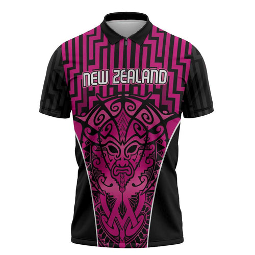 Custom Basketball New Zealand Zipper Polo Shirt Pink Maori Ta Moko Indigenous - Aussie Hoodie