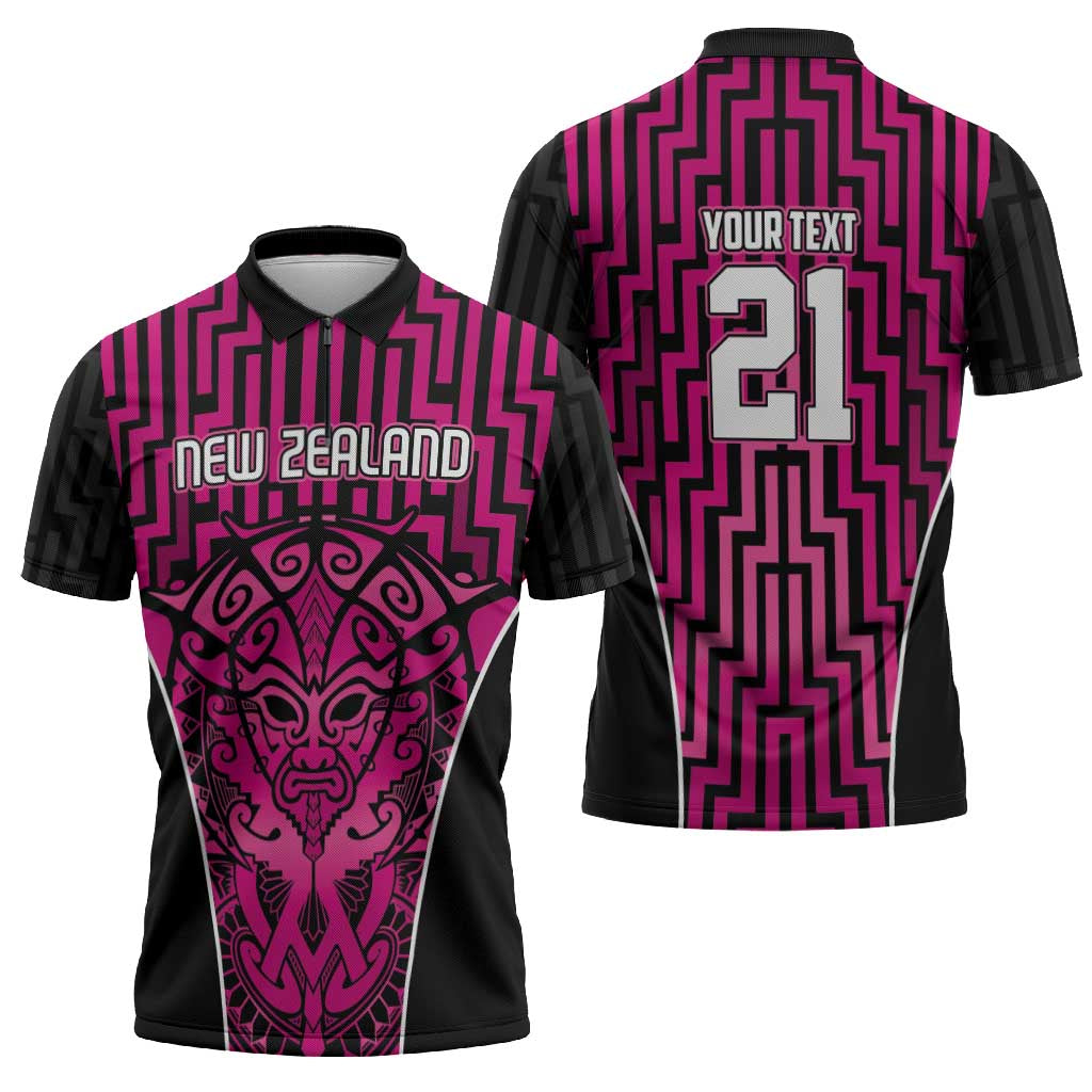 Custom Basketball New Zealand Zipper Polo Shirt Pink Maori Ta Moko Indigenous - Aussie Hoodie
