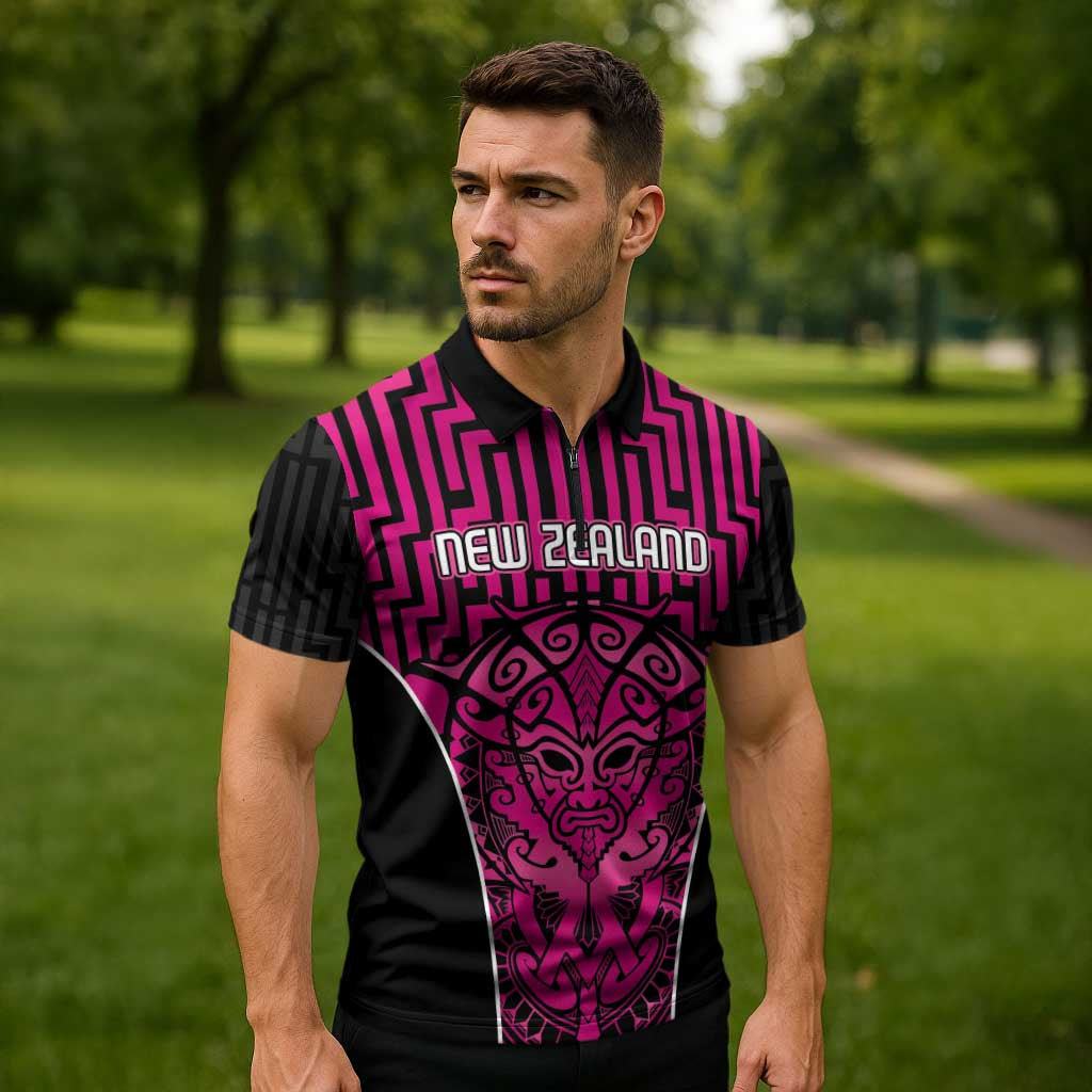 Custom Basketball New Zealand Zipper Polo Shirt Pink Maori Ta Moko Indigenous - Aussie Hoodie