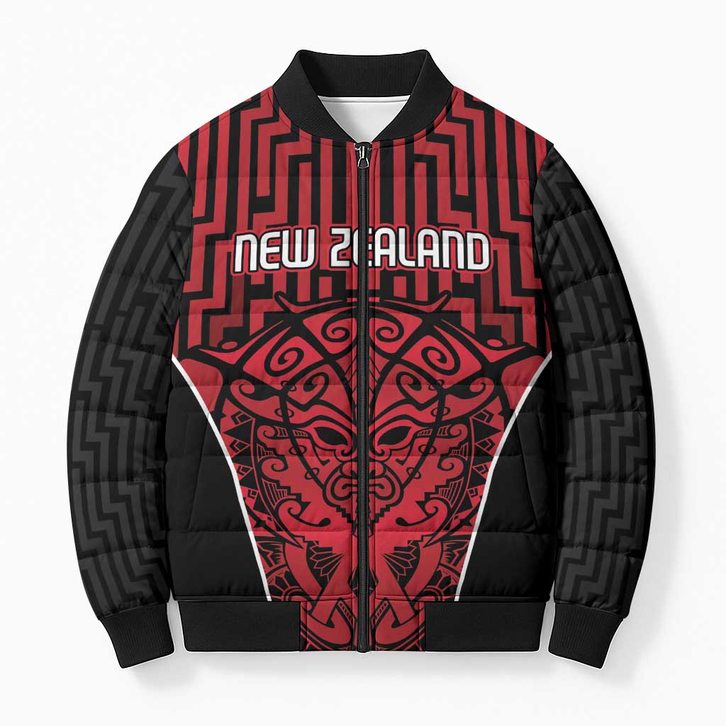 Custom Basketball New Zealand Bomber Puffer Jacket Red Maori Ta Moko Indigenous - Aussie Hoodie