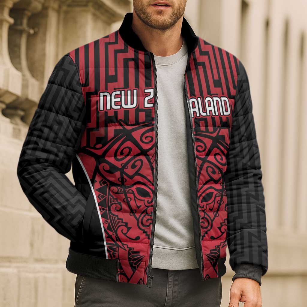 Custom Basketball New Zealand Bomber Puffer Jacket Red Maori Ta Moko Indigenous - Aussie Hoodie