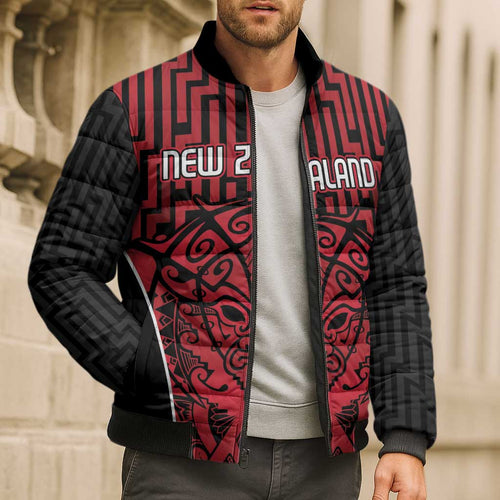 Custom Basketball New Zealand Bomber Puffer Jacket Red Maori Ta Moko Indigenous - Aussie Hoodie