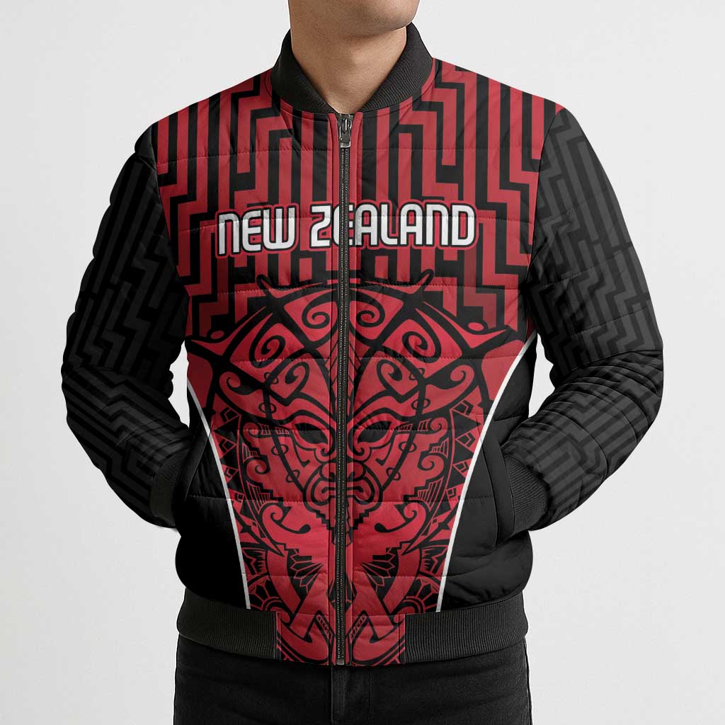 Custom Basketball New Zealand Bomber Puffer Jacket Red Maori Ta Moko Indigenous - Aussie Hoodie
