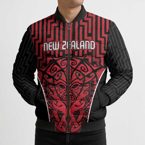 Custom Basketball New Zealand Bomber Puffer Jacket Red Maori Ta Moko Indigenous - Aussie Hoodie