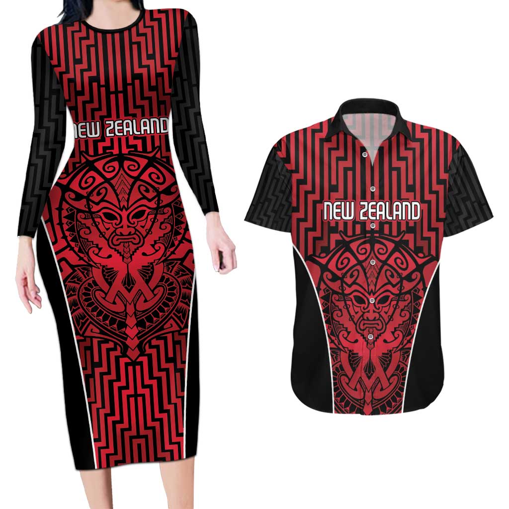 Custom Basketball New Zealand Couples Matching Long Sleeve Bodycon Dress and Hawaiian Shirt Red Maori Ta Moko Indigenous - Aussie Hoodie