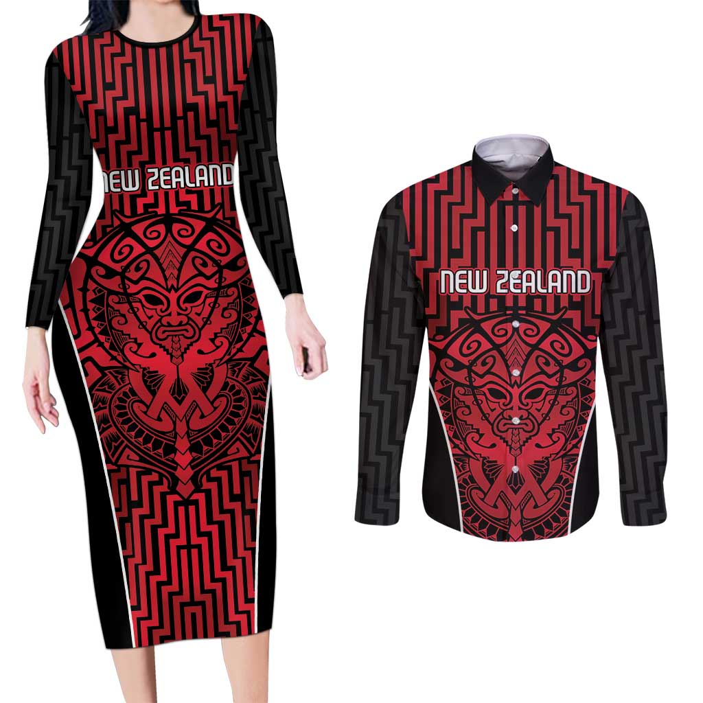 Custom Basketball New Zealand Couples Matching Long Sleeve Bodycon Dress and Long Sleeve Button Shirt Red Maori Ta Moko Indigenous - Aussie Hoodie