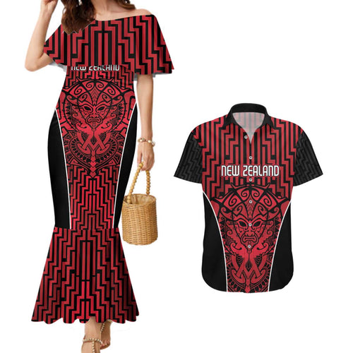 Custom Basketball New Zealand Couples Matching Mermaid Dress and Hawaiian Shirt Red Maori Ta Moko Indigenous - Aussie Hoodie