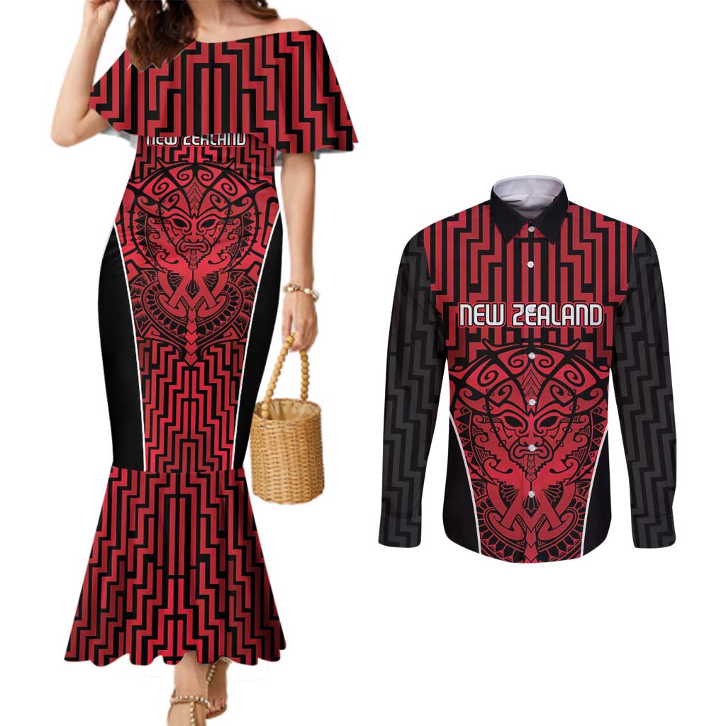 Custom Basketball New Zealand Couples Matching Mermaid Dress and Long Sleeve Button Shirt Red Maori Ta Moko Indigenous - Aussie Hoodie